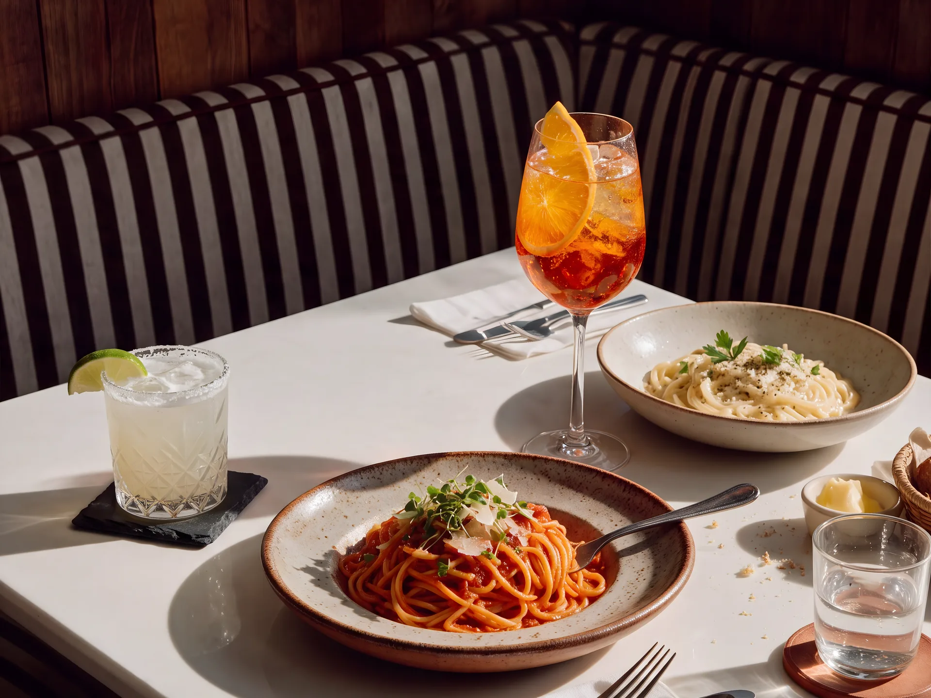Restaurant table set with pasta dishes and cocktails for a seasonal campaign