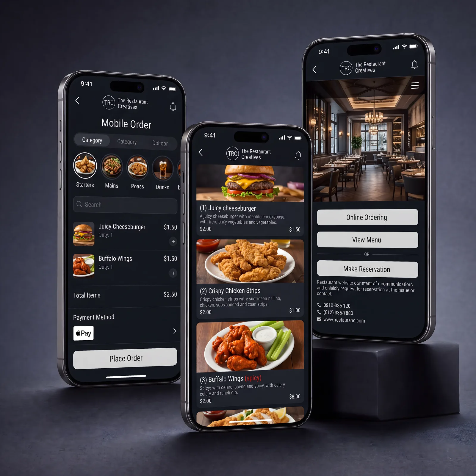 Restaurant mobile ordering flow with menu, cart, and reservation screens